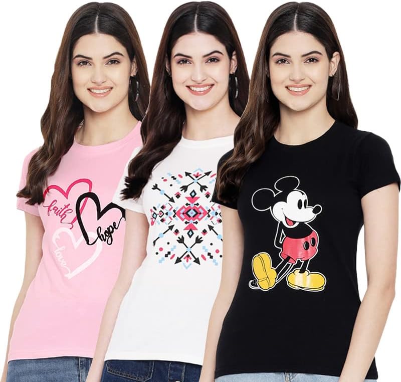 Preneum Women's Cotton Regular Fit Latest Graphic Stylish Printed Short Sleeves Casual T-Shirt || Trend & Style (Pack 3)