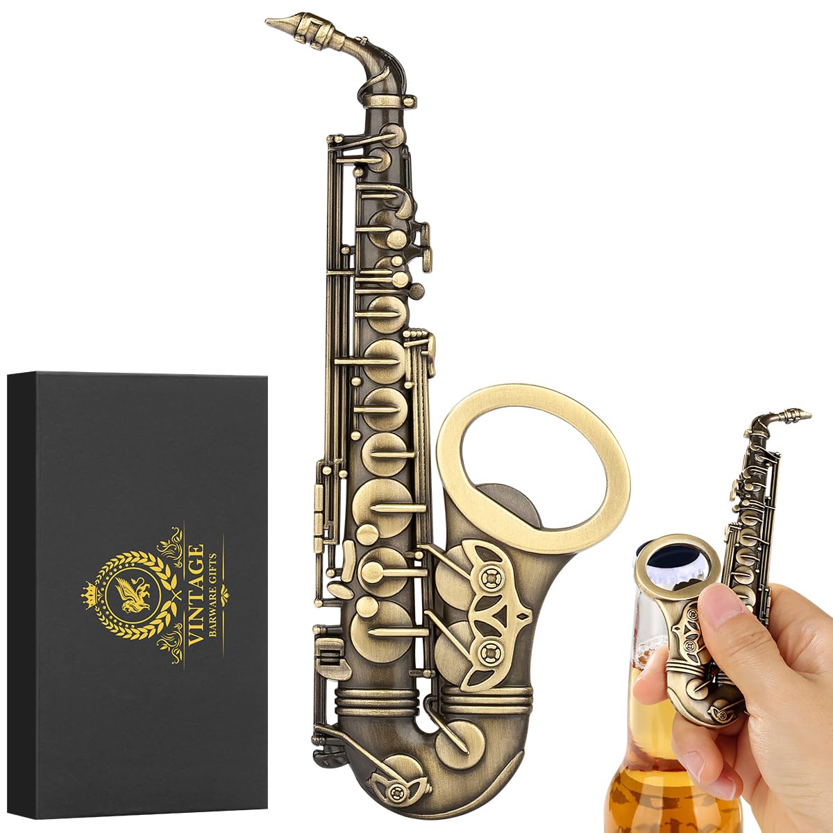 Saxophone Bottle Opener, Unique Beer Opener with Gift Box, Fathers Gifts Christmas Gifts Birthday Gifts for Men Women Dad Husband Boyfriend, Music-Themed Bottle Opener Gifts for Music Lover, Brozne