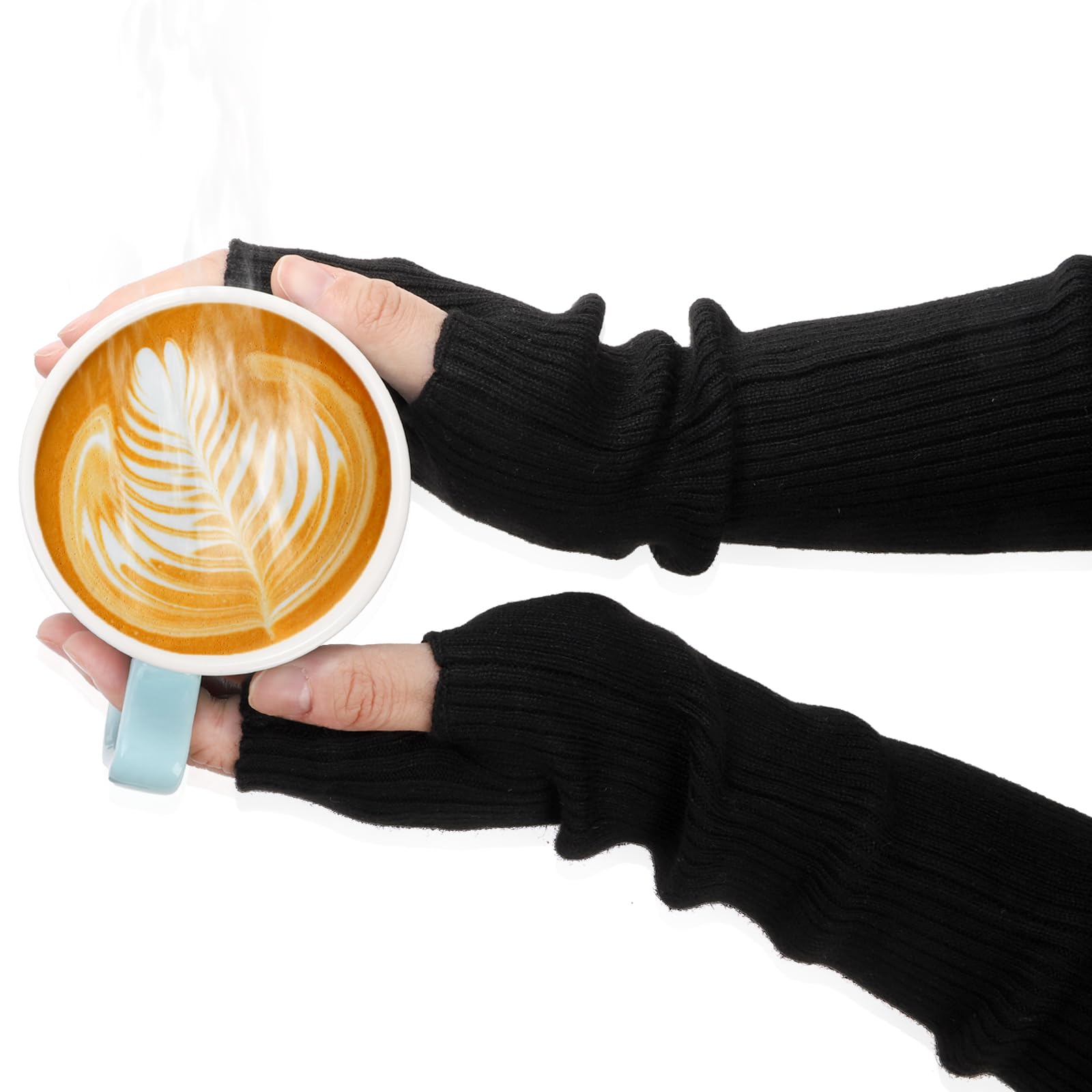 Eorbow 2 Packs Long Fingerless Gloves, Wool Blended Knitted Arm Warmers, Stretchy Over-elbow Length Arm Sleeves for Women Fashion, Cosplay Accessories, Black and Gray