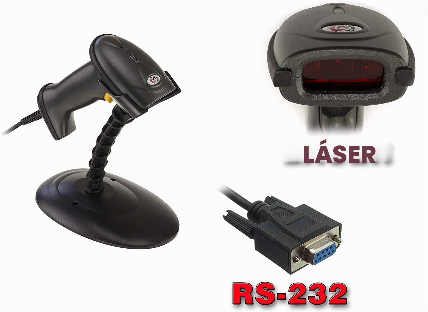 KALEA-INFORMATIQUE Lector de códigos de Barras láser de Mano. con pórtico Manos Libres, conexión Serie RS232 DB9. para EAN, Código 39, Codabar, Código 128 etc...