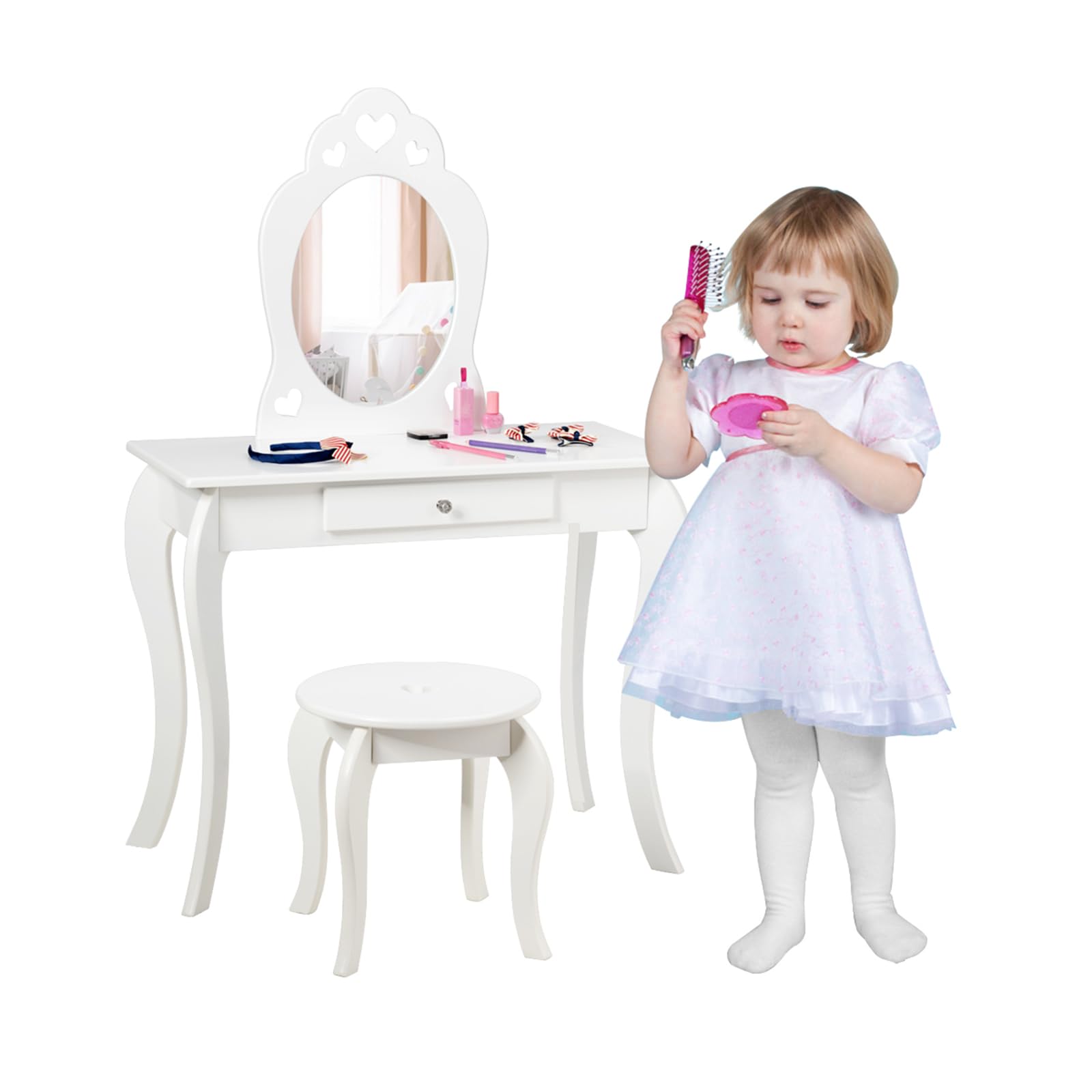 COSTWAY Tocador con Taburete y Espejo para Niña de Madera 70x57x105 centímetros Mesa de Maquillaje con Cajón (Blanco)