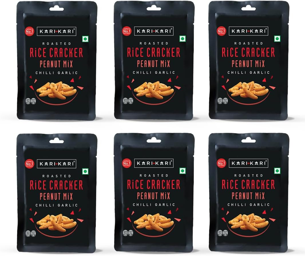 Chilli Garlic Rice Cracker & Peanut Mix | Crunchy Japanese Snacks | Roasted, Non-Fried | Healthy | 100% Vegetarian | Party Munchies(20g x Pack of 6)