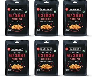 Kari Kari Chilli Garlic Rice Cracker & Peanut Mix | Crunchy Japanese Snacks | Roasted, Non-Fried | Healthy | 100% Vegetarian | Party Munchies(20g x Pack of 6