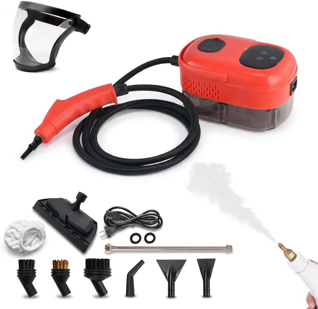 2026 New 2500W Handheld High-Temperature Pressurized Steam Cleaner, Portable Multi-Surface Steamer with Adjustable Steam Levels for Kitchen, Tile, Grout, Bathroom and Car Cleaning (Red-Touch buttons)