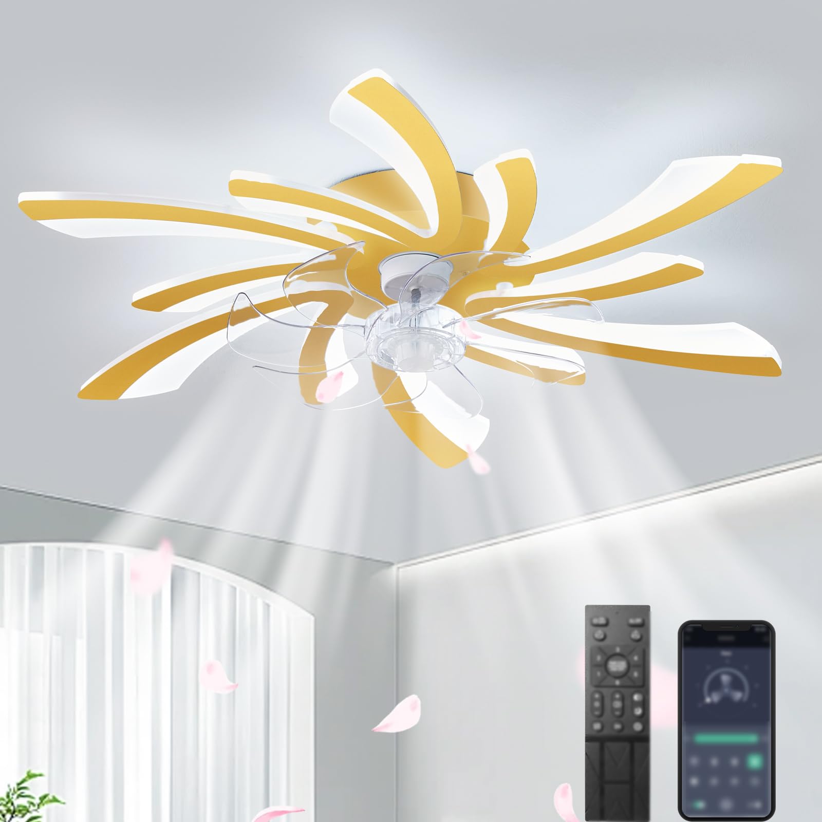 HXYSXHJUO Quiet Ceiling Fans with Lamps, Modern Fan Light and Remote, Slient Flush Mount Ceilings Lights, Lights Fan, 30 Inch, 6 Speeds, Dimmable LED for Bedroom