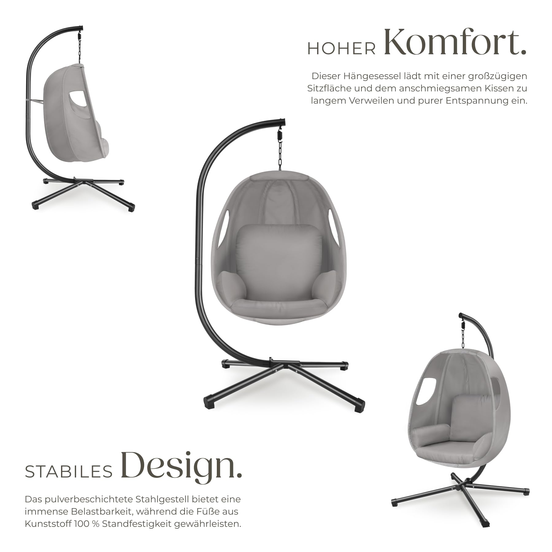 tectake® Hängesessel mit Gestell, Indoor oder Outdoor, Schaukel Sessel mit Kissen + Rückenkissen, Schaukelstuhl, Hängestuhl. Möbel für Wohnzimmer, Schlafzimmer, Balkonmöbel, bis 160kg (anthrazit)