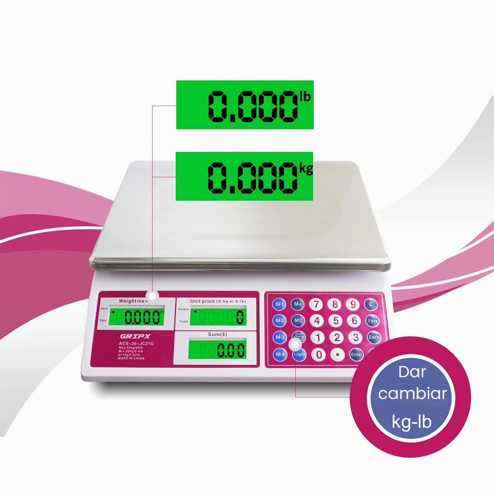 Escala de Precio Comercial Digital de 30 kg para Alimentos, Carne, Frutas y Verduras con retroiluminación Verde Pantalla LCD Plataforma de Acero Inoxidable Batería