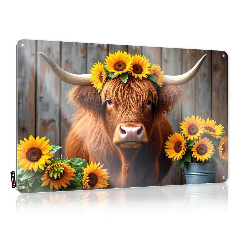 Bar Rules Sign Sunflower Crowned Highland Cow Tin Sign Funny Room Signs Outdoor Bar Signs(30X40CM)