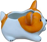 Vista 2 de Cuteforyou Macetas para suculentas, bonitas macetas de cerámica con forma de animal con bandeja de bambú, planta no incluida (perro corgi)