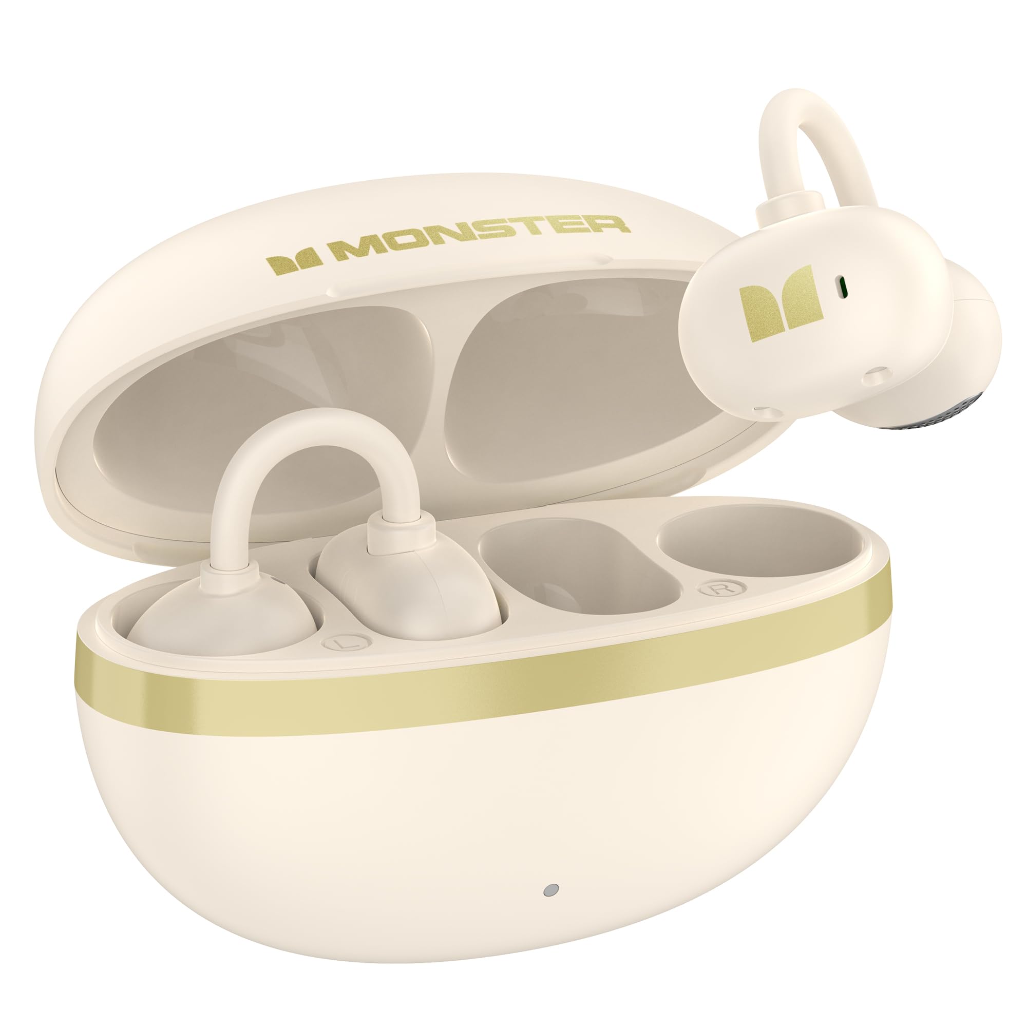 Monster AC220 Open Ear Clip-On Earbuds, Bluetooth 6.0 Wireless Headphones with 13mm Driver, AI-Enhanced Clear Calls, Lightweight Running Earbuds, 22H Playtime, IPX5 Waterproof, White