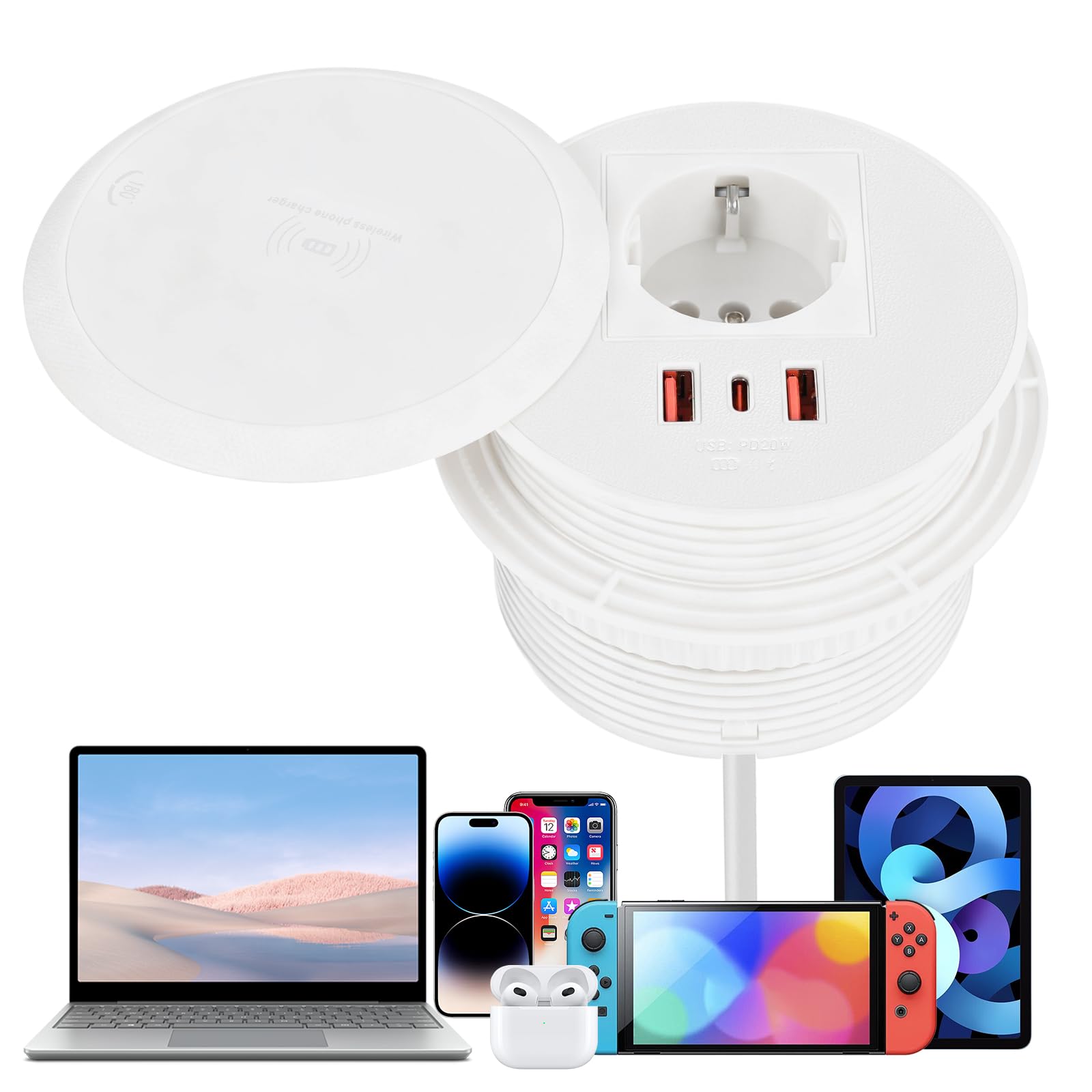 Presa da tavolo con USB C+USB A, presa da incasso, prolunga da incasso con cavo da 1,8 m, presa desktop, prese incassate, 1 tipo C, 2 USB A passaggio cavo, (Bianco con ricarica wireless)