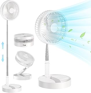 Foldable Table Floor Standing Fan, 7.8" Portable Standing Fan, 7200mAh USB Rechargeable Foldaway Desk Fan Portable Telescopic Pedestal Fan with Height Adjustable 4 Speeds, for Home Office Outdoors