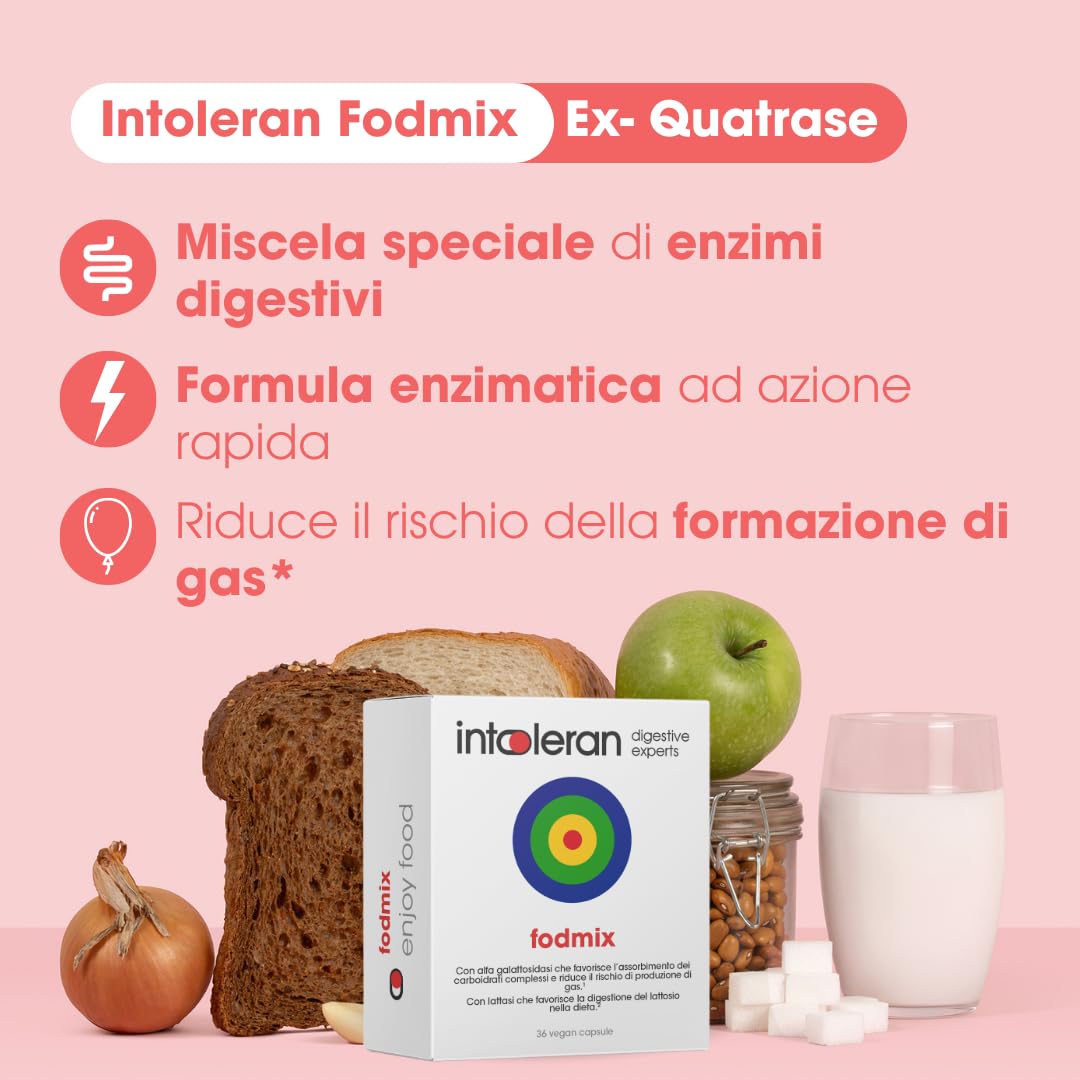 Intoleran Fodmix (Quatrase 10.000) Enzimi Digestivi - 36 capsule | Miscela di enzimi ad alta dose per i FODMAP, Vegano, Low FODMAP