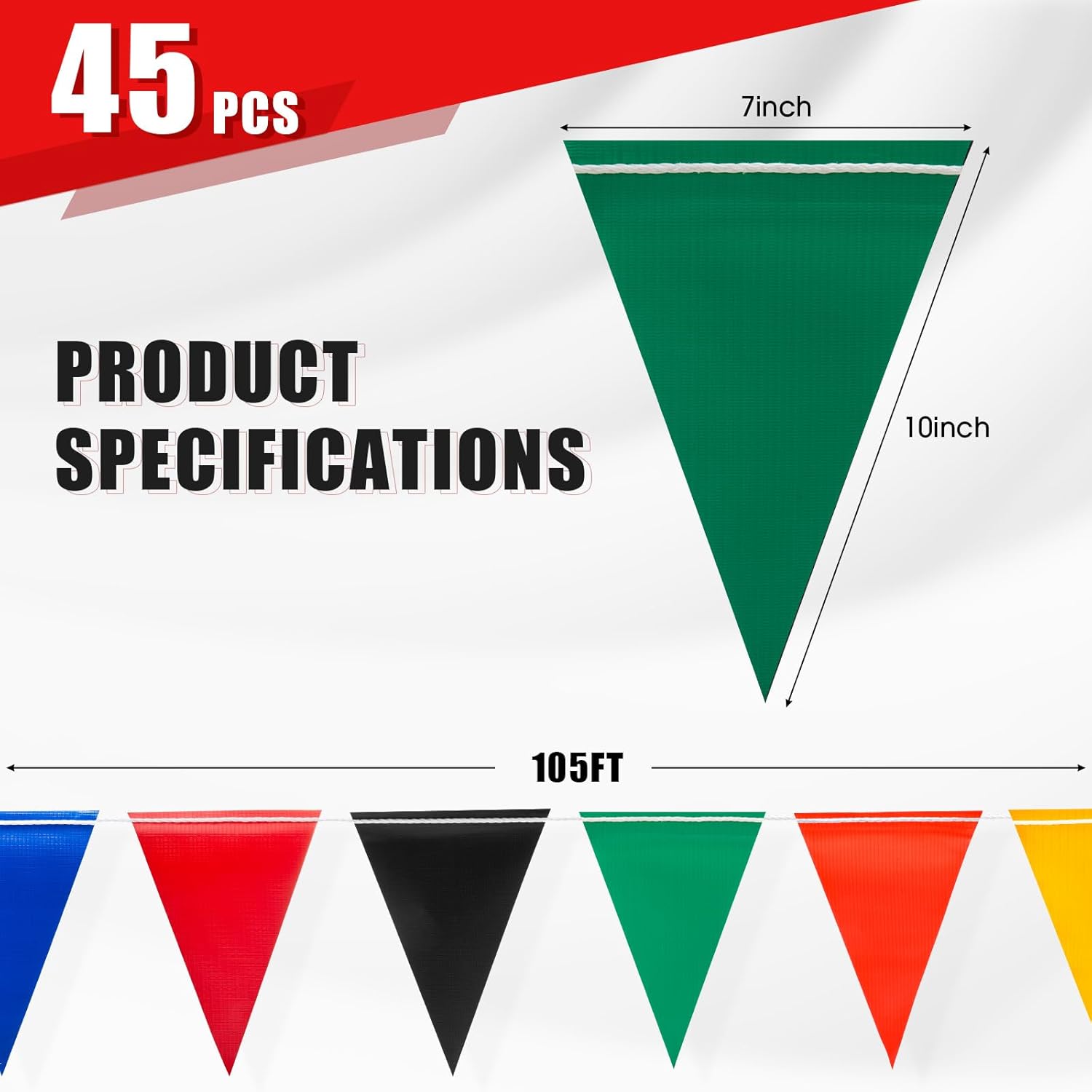 Safety Warning Pennant Banner Flags – Multipurpose 105FT OSHA High Visibility Colored Triangle Flags for Party, Roadwork, and Hazard Areas(MULTICOLOR,45pcs,105FT) - Image 2