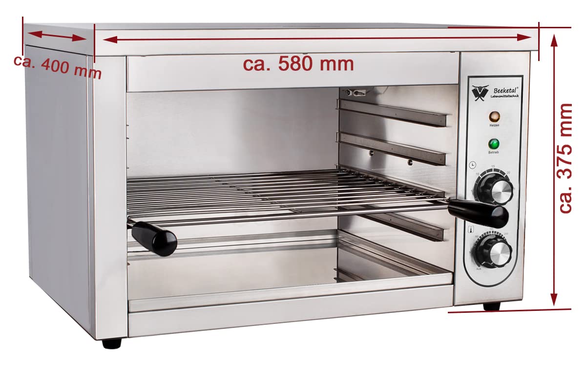 Beeketal 'BSP-2' Profi Gastro Salamander Grill Überbackgerät aus Edelstahl mit 1 Gitter (4 Höhen), 5-30 Minuten Timer, Thermostat 50-300 °C (direkt an der Heizspirale), extra Krümelschublade