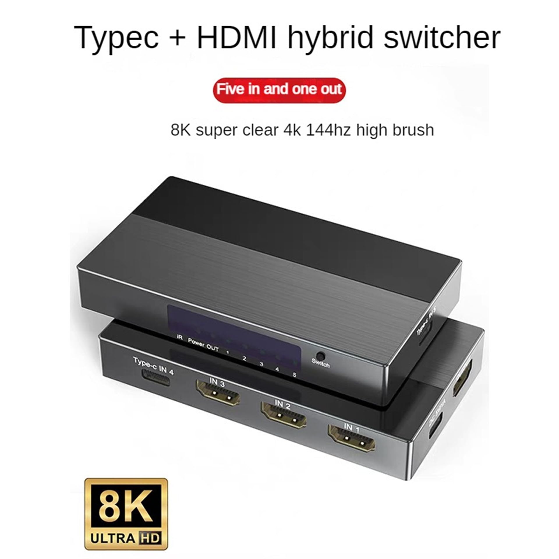 Przełącznik HDMI 2.1 kompatybilny z 8K 60 Hz i 4K 120 Hz, 5 wejść i 1 wyjście z 3 portami HDMI i 2 portami typu C, konwerter do Xbox, PS5 i monitorów.