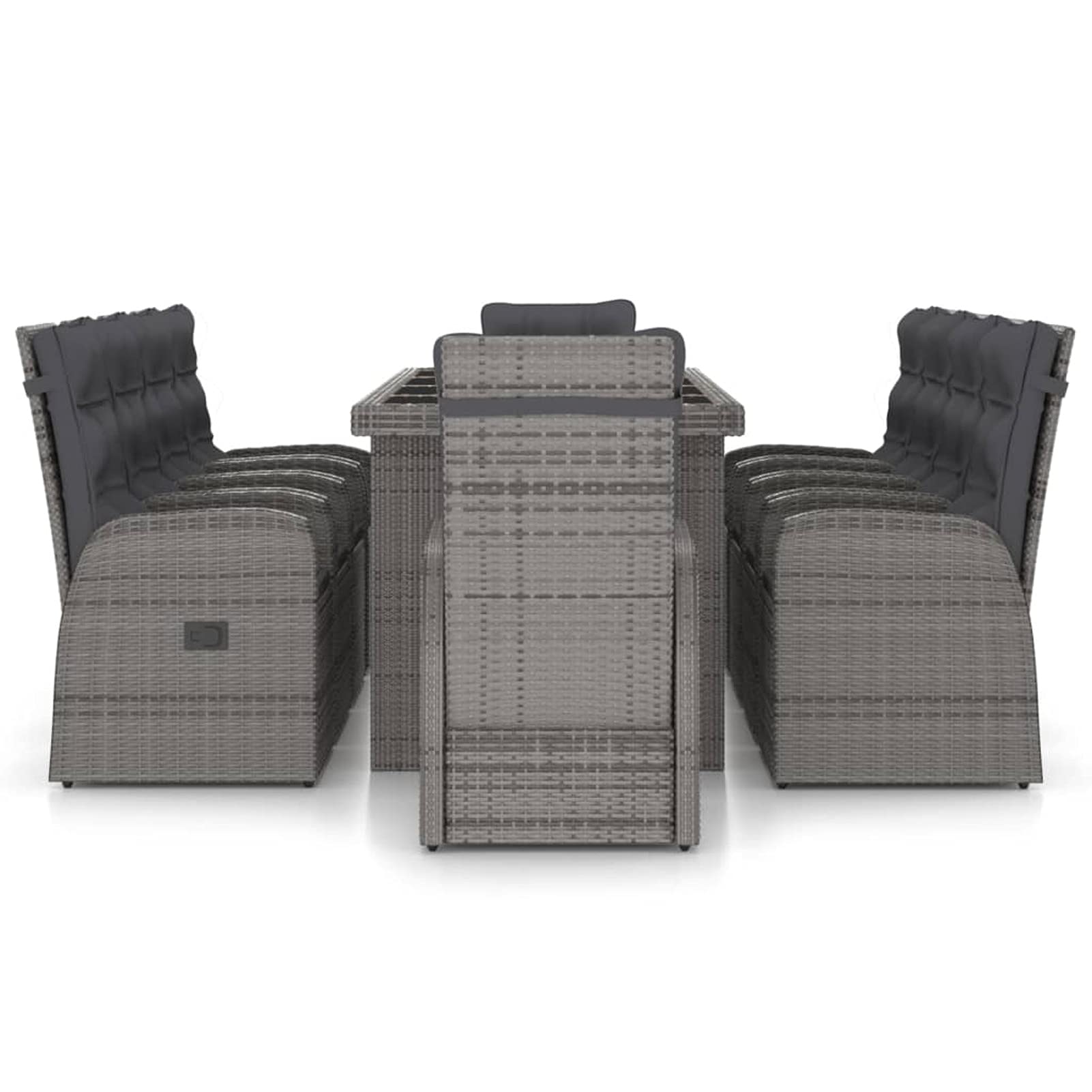 Juego de Comedor para Jardín Moderno con Ratán Sintético Gris y Cojines Grises Oscuros - 8 Sillas Reclinables y Mesa de Vidrio