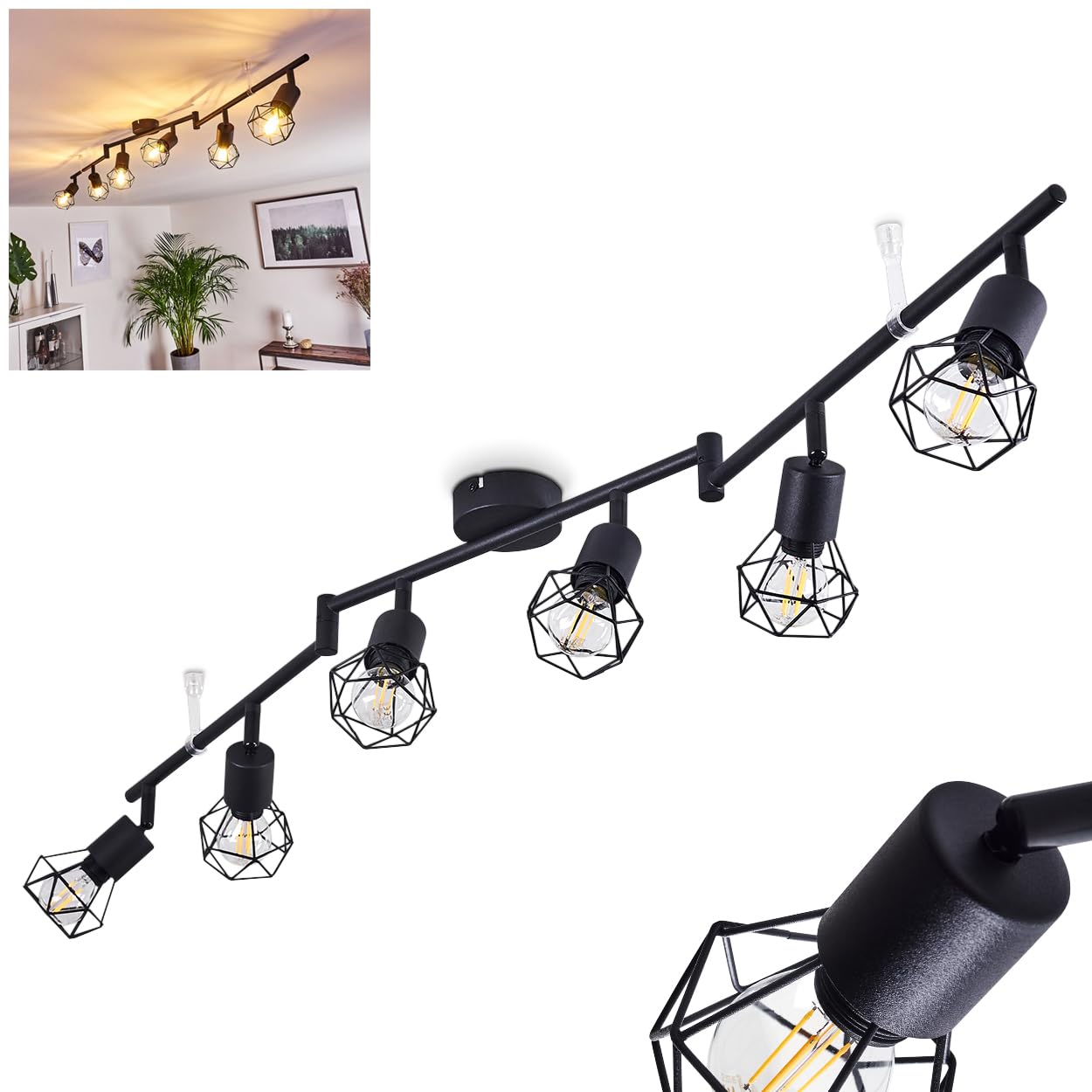 Hofstein Black Ceiling Lamp Baripada, 6-Flame Ceiling Spotlight Made Of Metal Retro Ceiling Lamp, 6 X E14, The Lamp Heads Can Be Turned And Swivelled, Without Bulbs