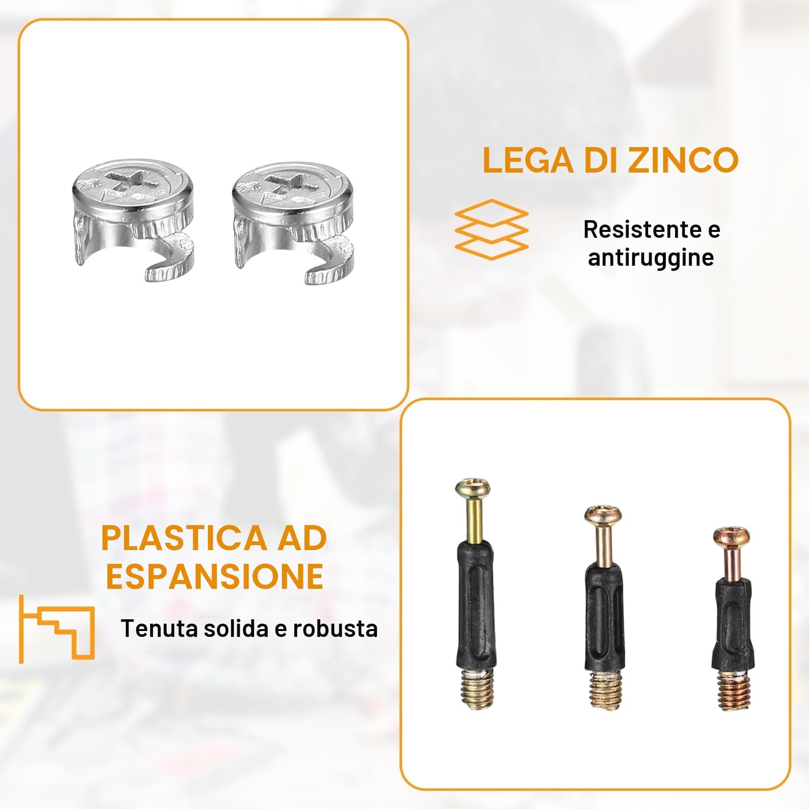 Set di 100 Connettori Mobili Eccentrici da Armadio, Incluso Inserti a escentrico, Dadi in Plastica, Connettore a Camma, Cavicchi in Legno, Kit di Viti di Fissaggio per Mobili da Cucina