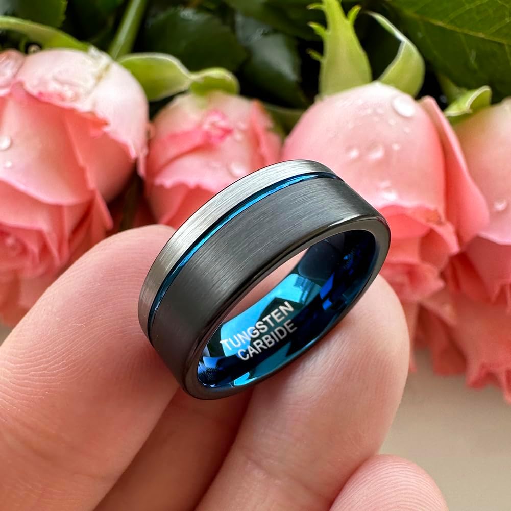 TUTISS 8mm Black/Blue/Gold/Rose Gold Tungsten Rings for Men Women Fashion Engagement Wedding Bands Brushed Finish Offset Line Comfort Fit
