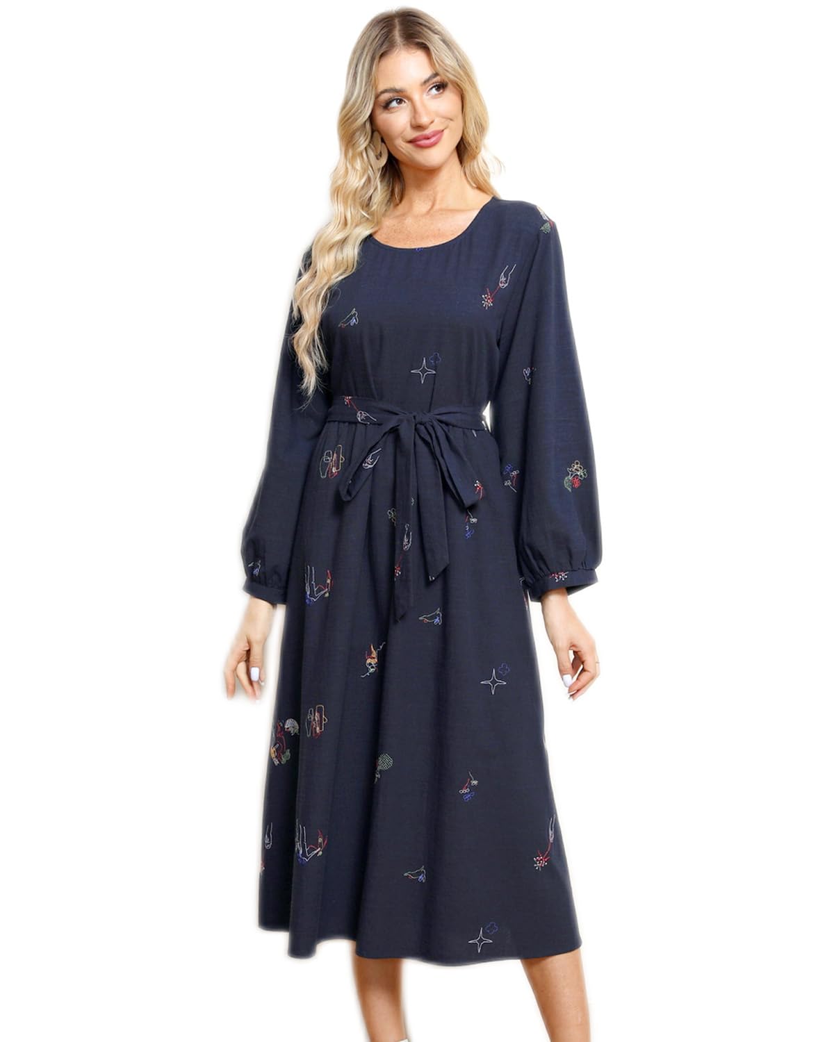 AK Women's Elegant Midi Dress Fall Long Sleeve Elastic Rope Belt High Waist Flowy Dress