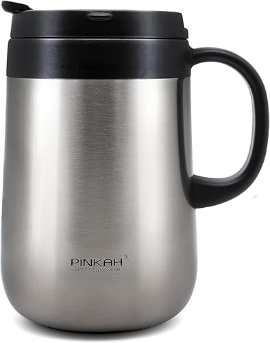 Miniatura 10 de Taza de café aislada de acero inoxidable de 11 oz / 330 ml con asa, vaso de doble pared con 2 tapas, color negro