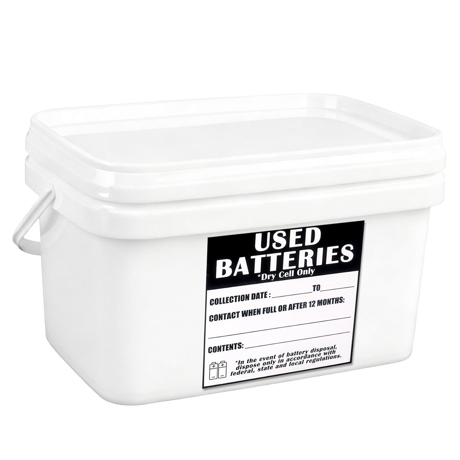 Klmnop Battery Recycling Container 1.32 Gallon with Lid and Handle, Dry-Cell Battery Disposal Bin with Label for Home, Office, Garage, Schools Use(White)