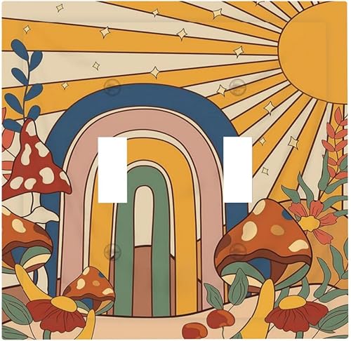 Cubierta de interruptor de luz de palanca doble floral estilo bohemio vintage de los años 70, diseño de hongos retro, placa decorativa de pared de 2