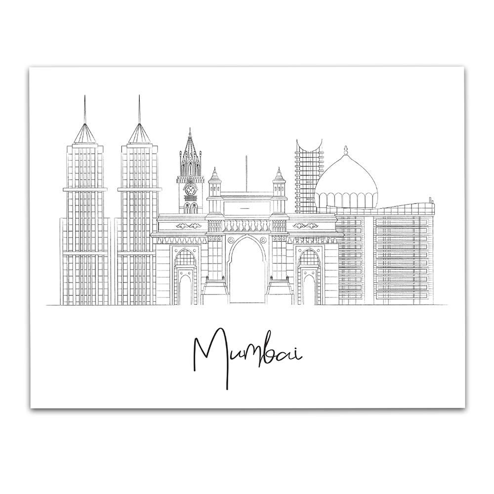 TJ Originals Mumbai, India City Skyline Landscape Wall Art Decor - Unframed 11 x 14 Black & White Hand Illustrated Capital City Home Town Vacation Travel Print - Great Gift for Family & Friends