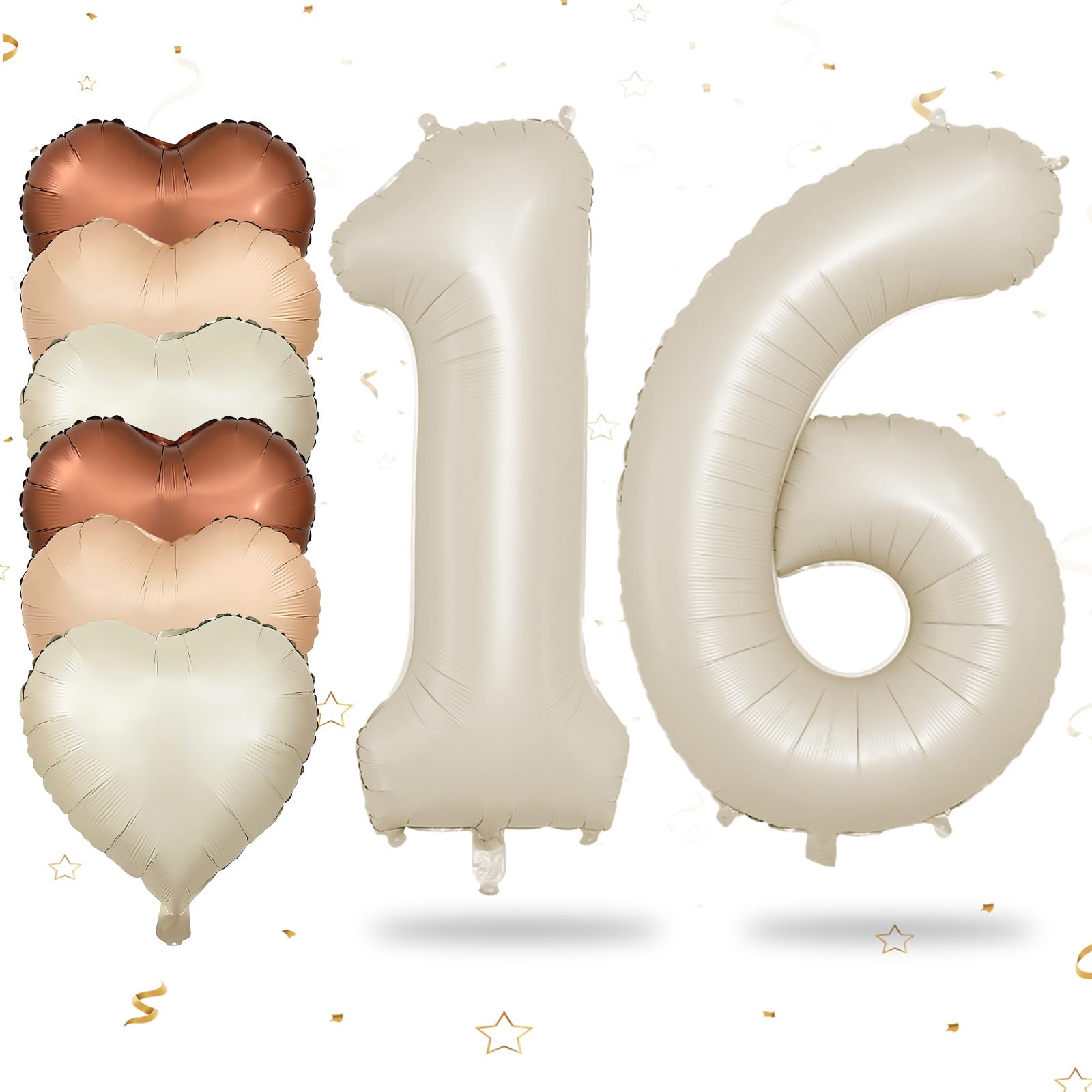 Biapian 40 Inch Cream Number 16 Balloons, 8PCS Large Foil Number 1 & 6 Balloons with 18'' Cream White Heart Balloon Helium for 16th Year Old Birthday