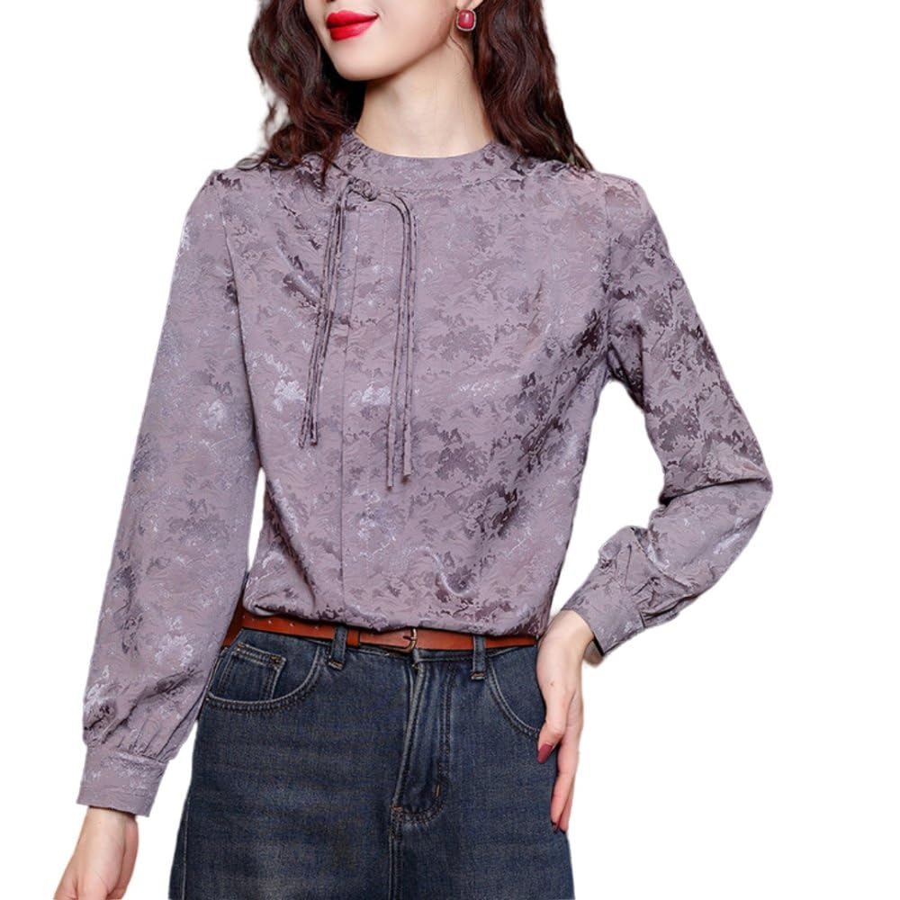 Camisa De Estilo Chino Qipao De Manga Larga De Seda Satinada para Mujer,Borlas con Hebilla Y Cuello Levantado De Brocado Verde Retro Blusas Tipo Jersey Elegante Camiseta Tradicional Tops