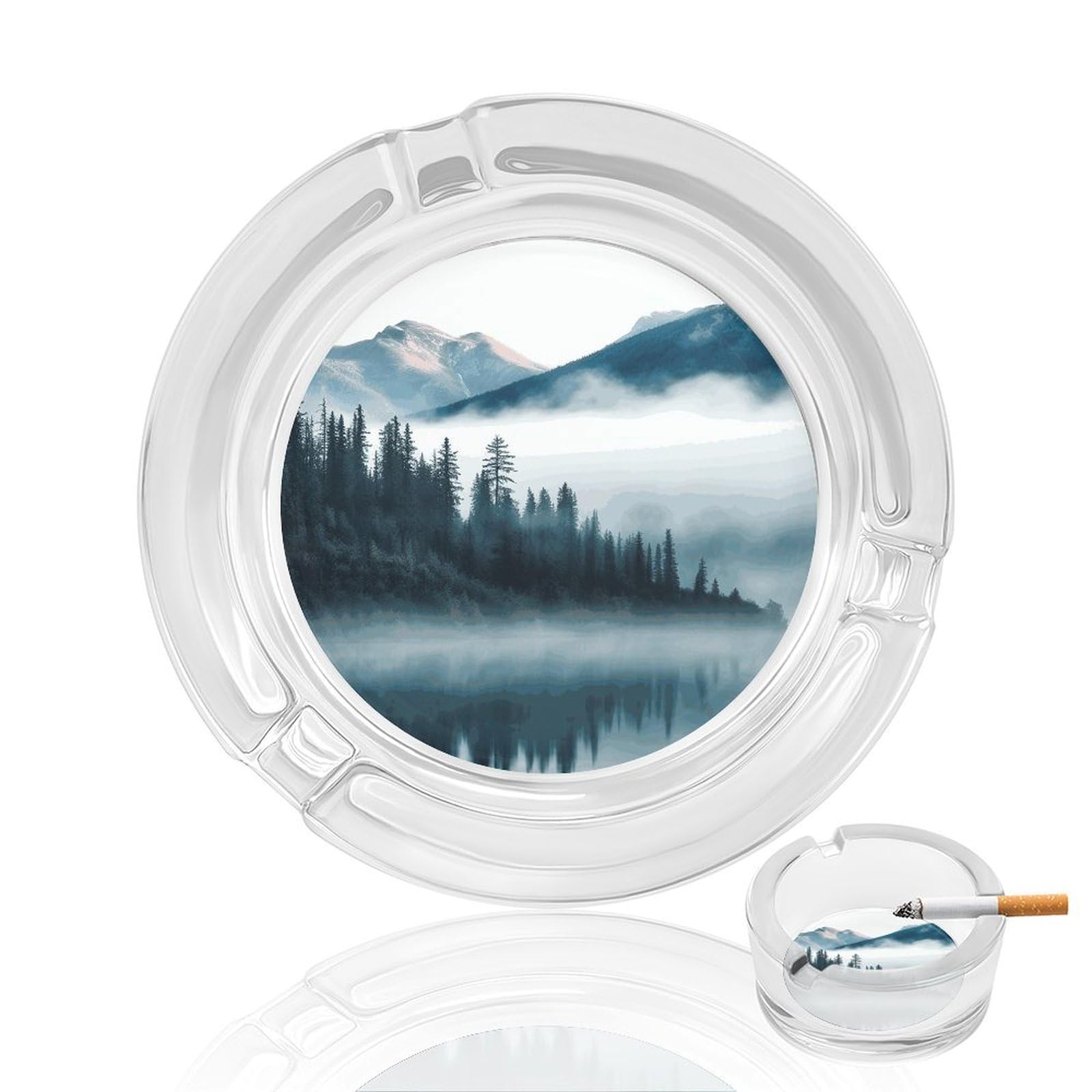 Fekiloot Men's Style Foggy Mountains Landscape Glass Ashtray For Cigarette Cigar,Cigarette Ashtray For Indoor Or Outdoor Use,Cigar Ashtrays With 3 Notches-Glass Decor Gift For Smokers