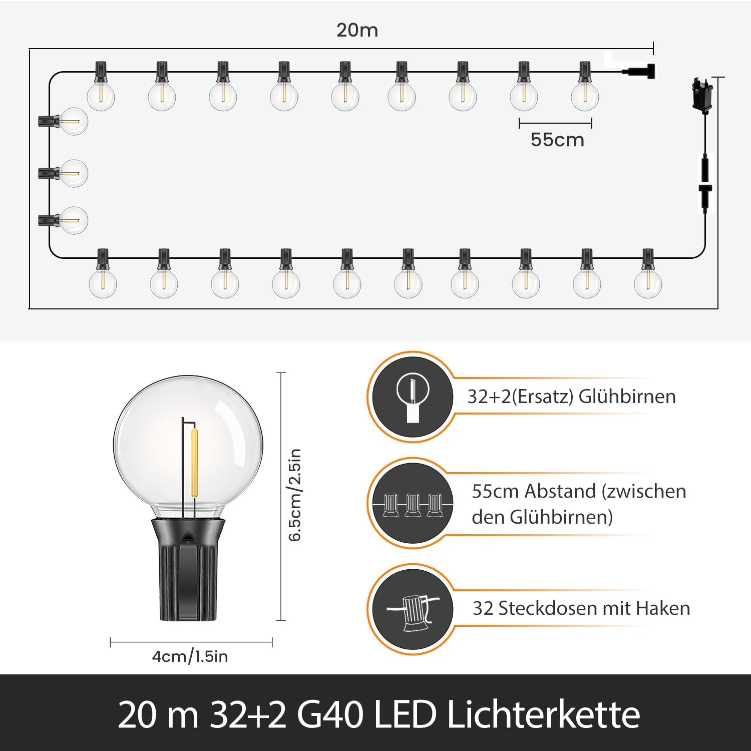 Lichterkette Outdoor LED Außen 20m Warmweiß IP44 Wasserdicht Wetterfest Strom, Außenbeleuchtung für Balkon Terrasse Garten Pavillon, Lichterketten Party Deko mit Glühbirnen