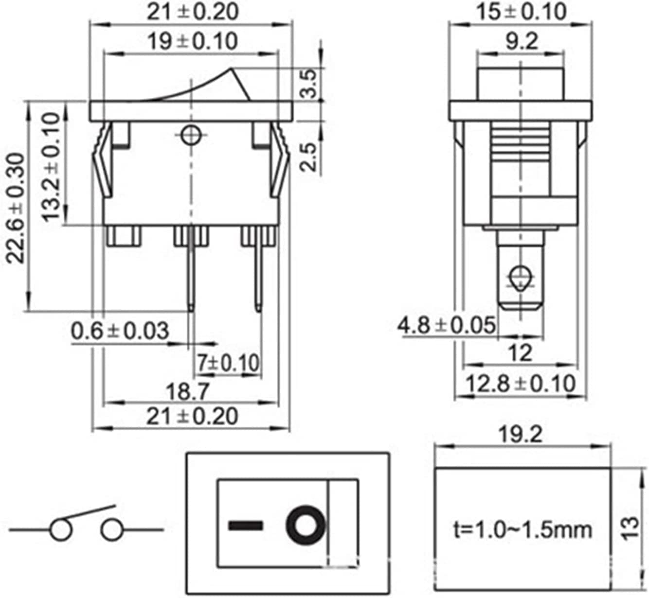 Oiyagai KCD1-101 SPST 2 Pin 6A 250 V 10 V 125 V Rocker Switch Set of 30