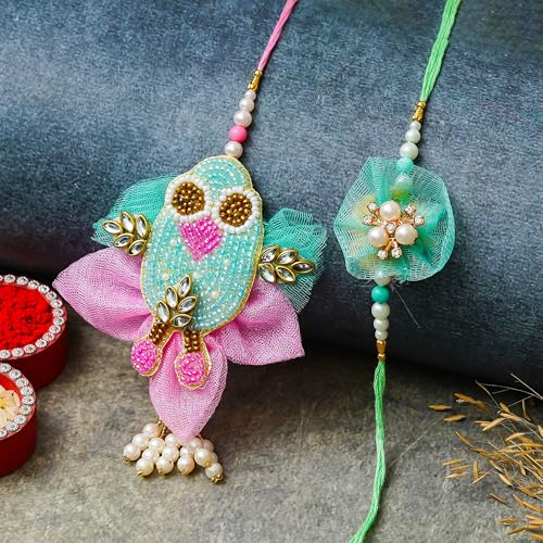 Image of eCraftIndia Floral Kundan Beads Designer Rakhis for Brother and Bhabhi | Bhaiya Bhabhi Rakhi