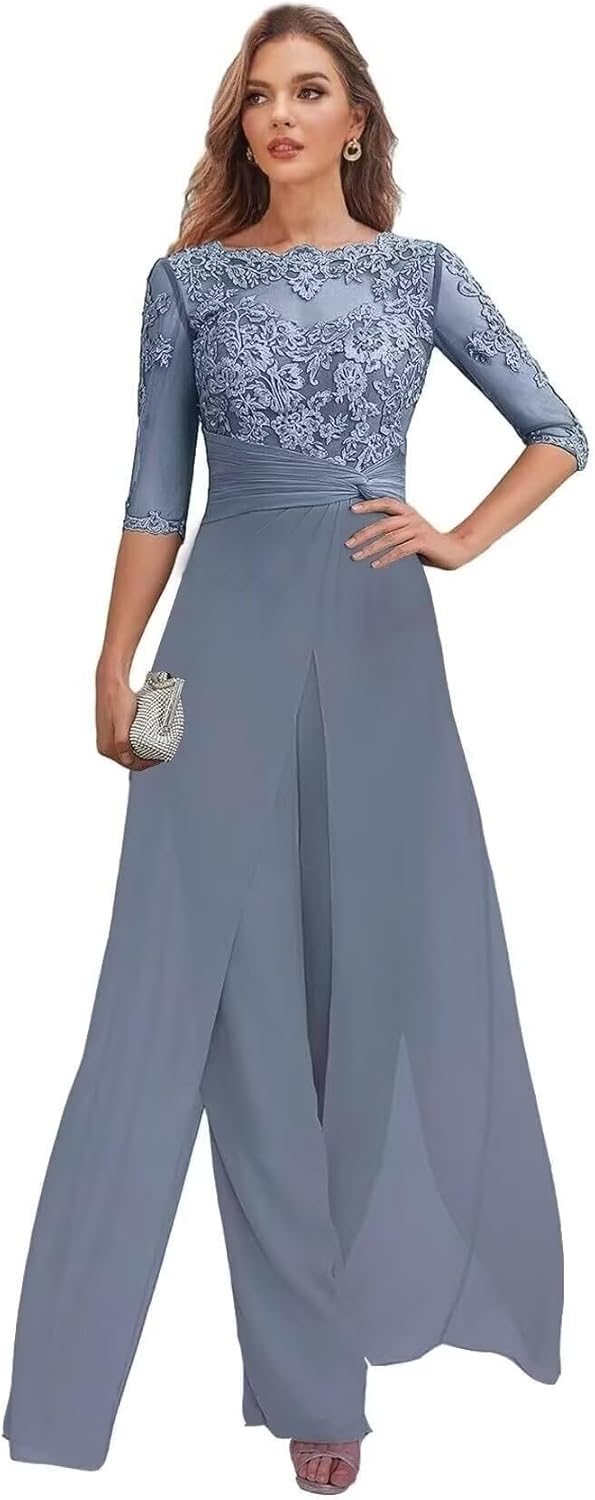 2 Pieces Mother of The Bride Pant Suits for Women Dressy - Chiffon Lace Applique Wedding Guest Formal Party Evening Gown