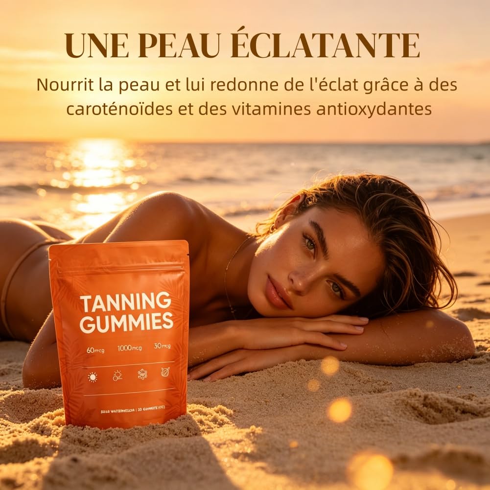 Gummies Autobronzant,60pcs Autobronzantes,Gummies Bronzantes,Gommes Bronzage Peau,Associant bêta-carotène et L-lycopène pour rehausser l'éclat naturel de peau