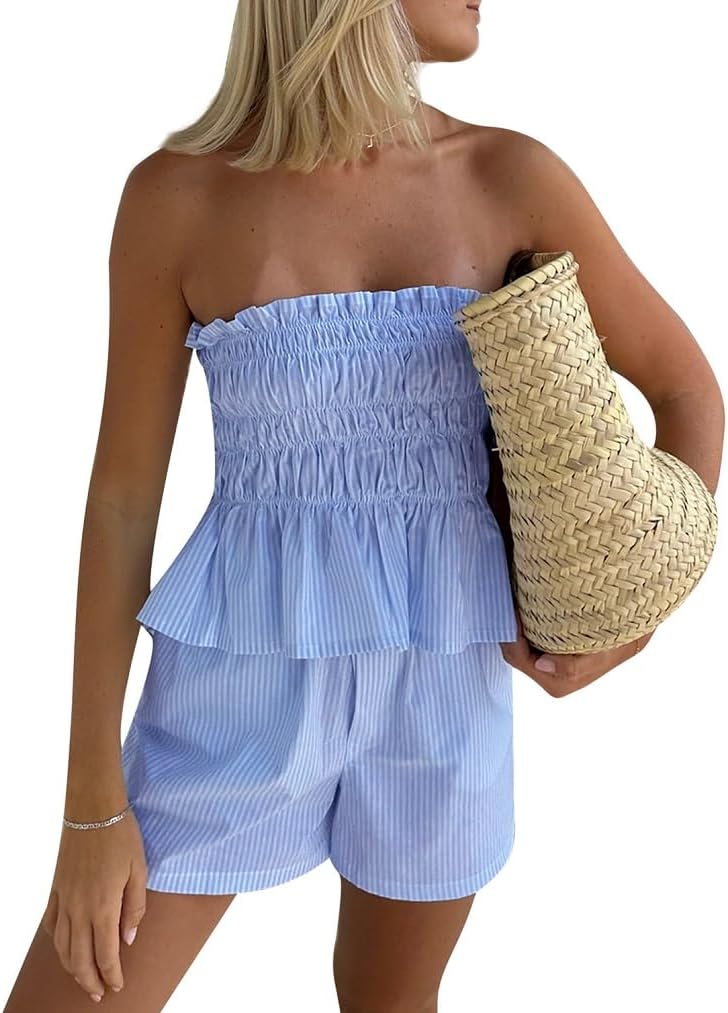 Juakoso Women Summer 2 Piece Outfits Sleeveless Ruched Bandeau Tube Top Striped Print Lounge Boxer Shorts Sexy Pajamas Set