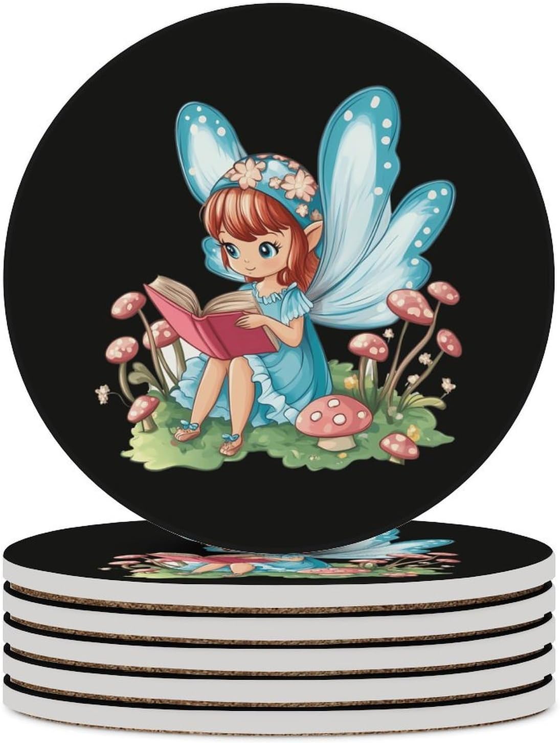 Fairy Mushroom Reading Coasters for Drink Round Ceramic Coaster with Cork Base Home Decorative 4PCS