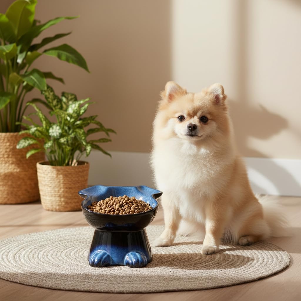Nihow Elevated Ceramic Dog Bowls: 6.5 Inch Raised Small Dog Bowl for Food & Water - Food Safe Bowl for Medium/Small Size Dogs - Vivid Blue Puppy Bowls for Protecting Pet's Spine (1 PC)