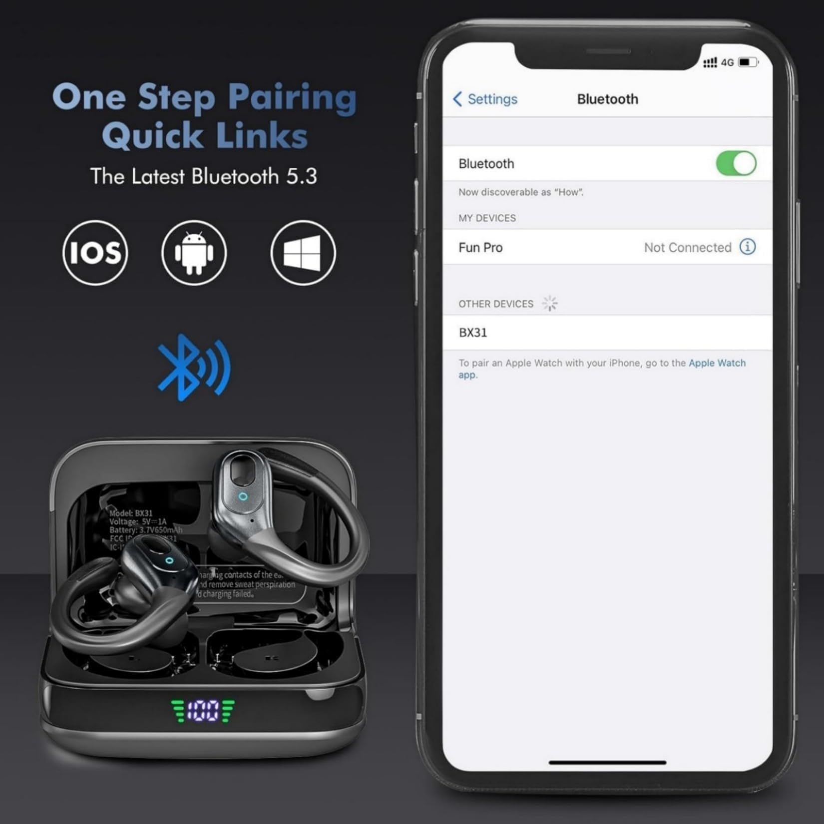 HAOYUYAN Auricolari wireless Bluetooth, auricolari sportivi con 75 ore di autonomia e indicatore di carica LED, cuffie con cancellazione del rumore, auricolari impermeabili IPX7 per allenamento/corsa
