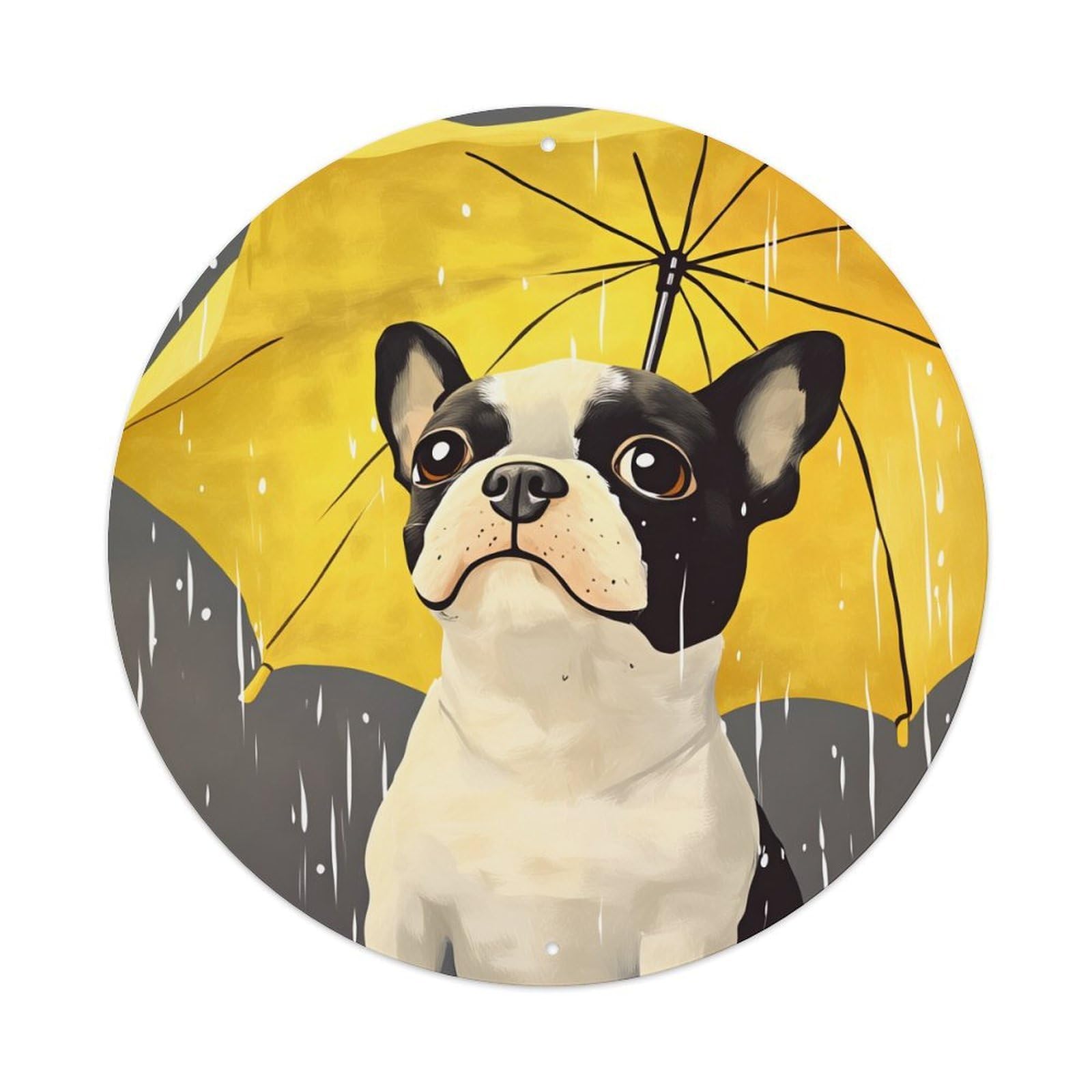 Dog Under Yellow Umbrella Rain Round Tin Sign Vintage Metal Poster, Home Bar Garage Man Cave Cafe Indoor & Outdoor Wall Decoration 8x8Inches