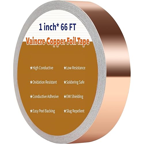 Vaincre Copper Tape (1inch X 66 FT), Copper Foil Tape with Conductive Adhesive for Stained Glass, Guitar, EMI Shielding, Crafts, Electrical Repairs and Grounding