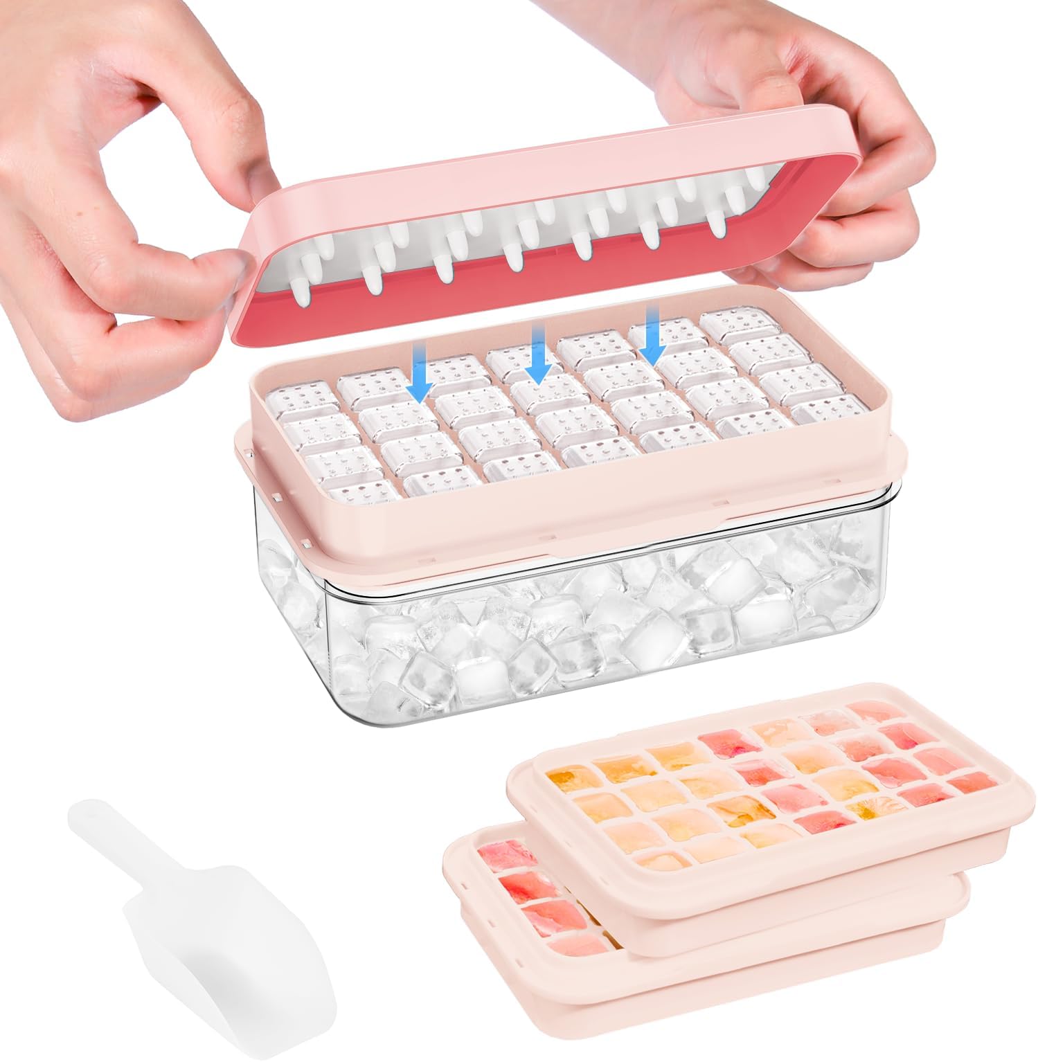 PHINOX Ice Cube Tray with Lid and Bin, Ice Trays for Freezer, Flexible Ice Cube Trays, Making 56 pcs Ice Cubes, Chilling Cocktail, Whiskey, Coffee, with 2 trays, Ice Container, Scoop&Cover, BPA Free
