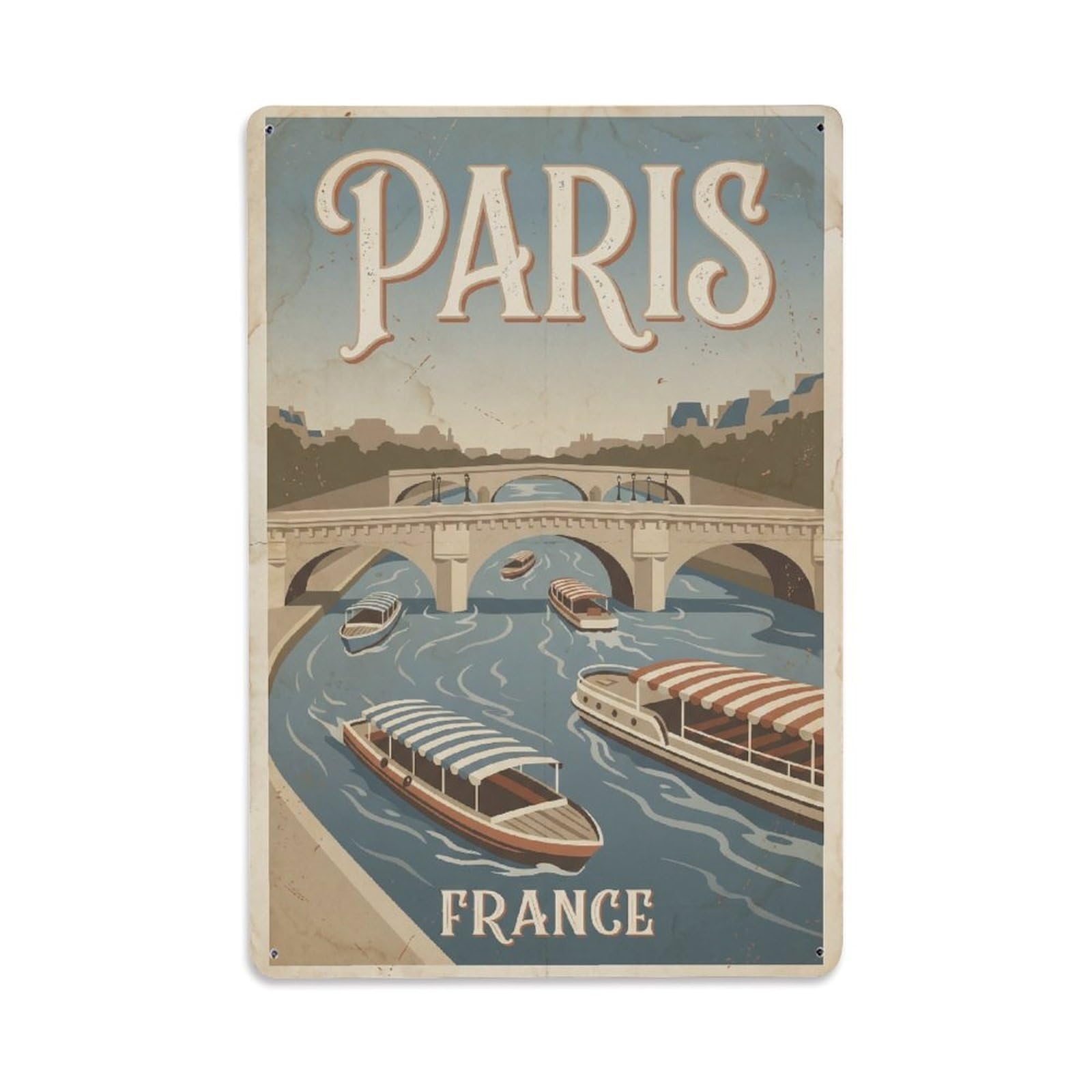 Vintage Travel Paris Seine River Boats Rusted France Metal Tin Sign Plaque Wall Decor for Cafe, Club Bar, Office, Home Garden Metal Poster 8x12Inch