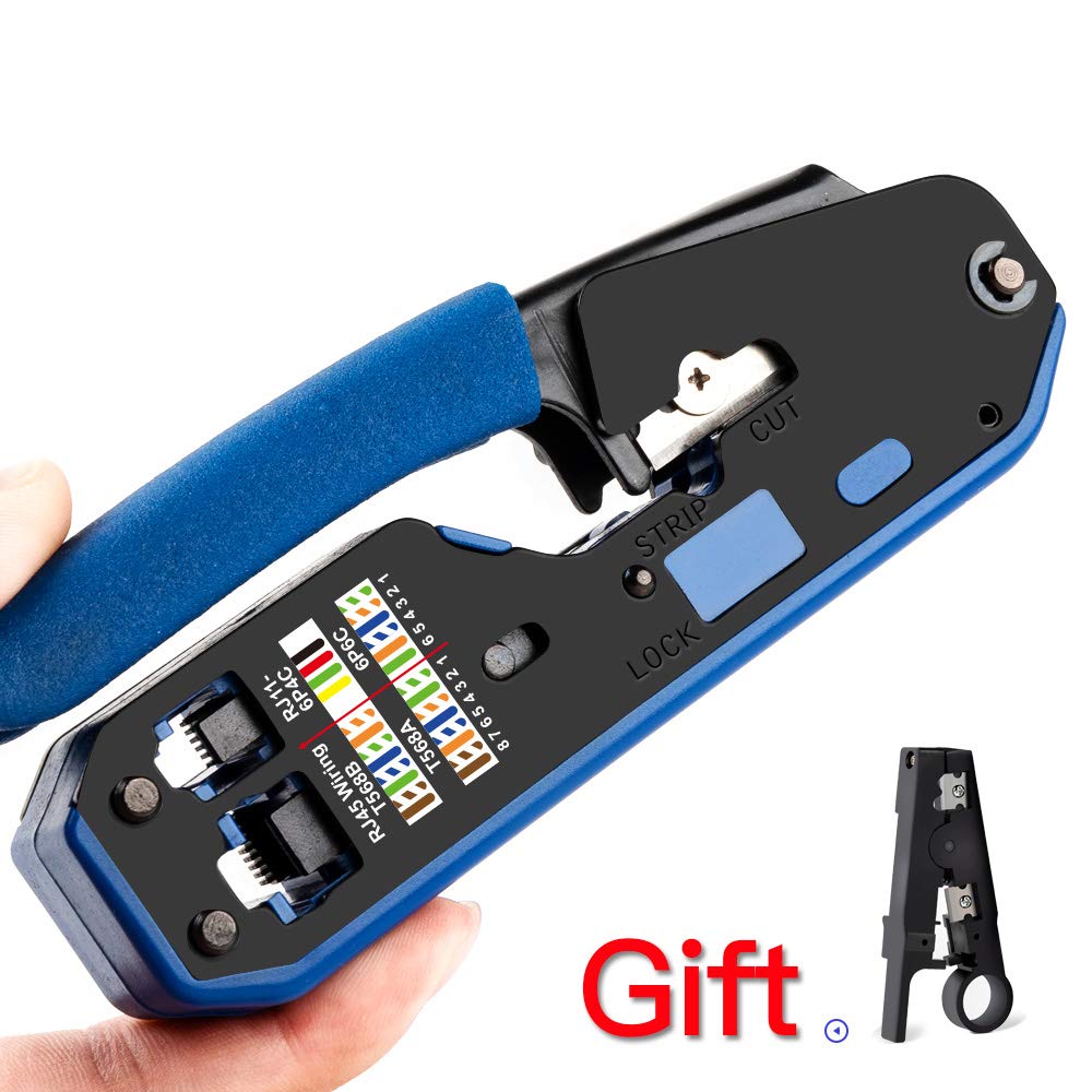 QWERTOUR Tool Network Crimper Crimping Tools Stripper Cutter Ethernet Cable Fit RJ45 Cat6 Cat5e Cat5 Cat3 RJ11 RJ12 Connector Blue
