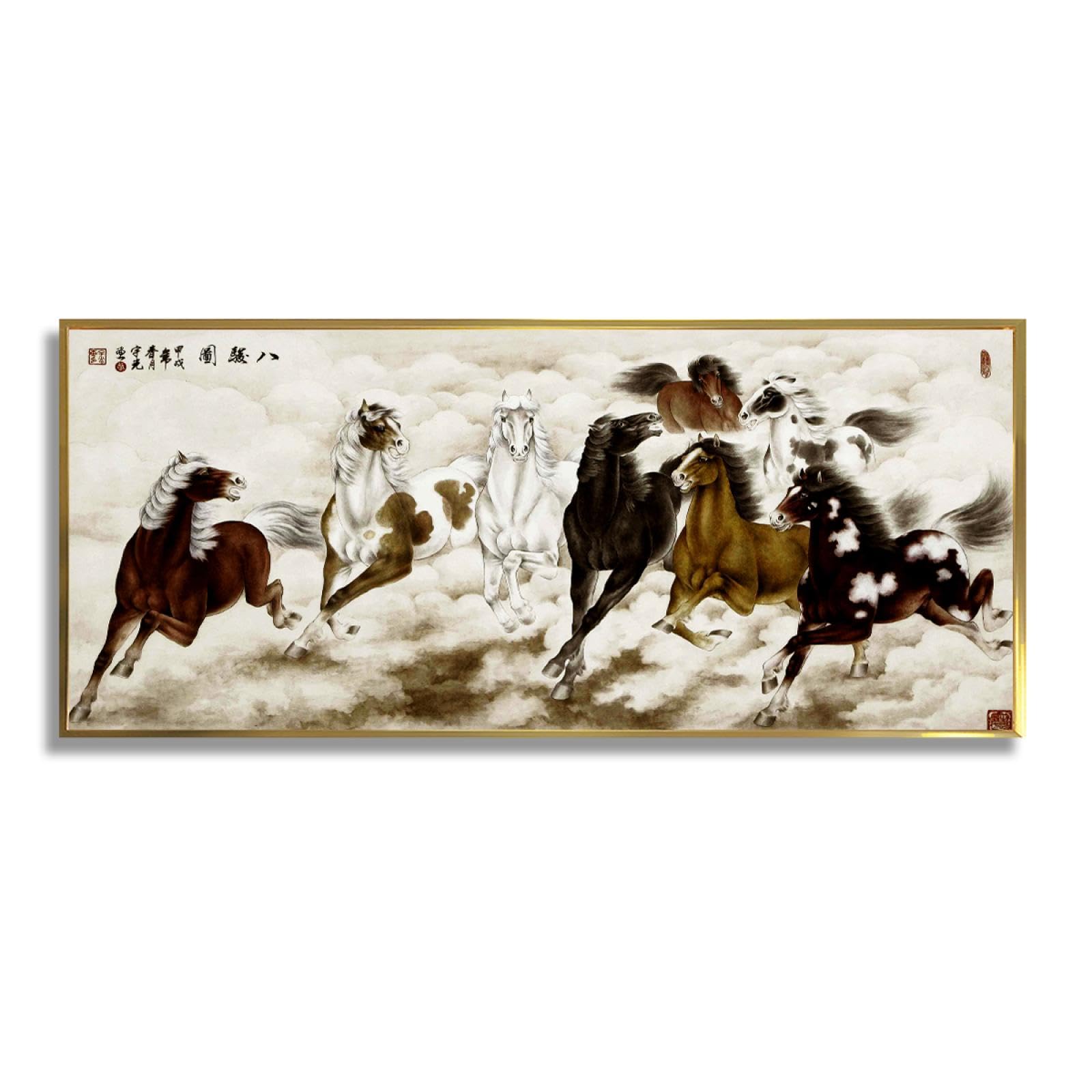 huit chevaux courant dans les nuages toile art mural encre de Chine affiche peinture style galopant cheval photos impression d’art pour salon bureau décoration intérieure 40x101cm avec-cadre-doré