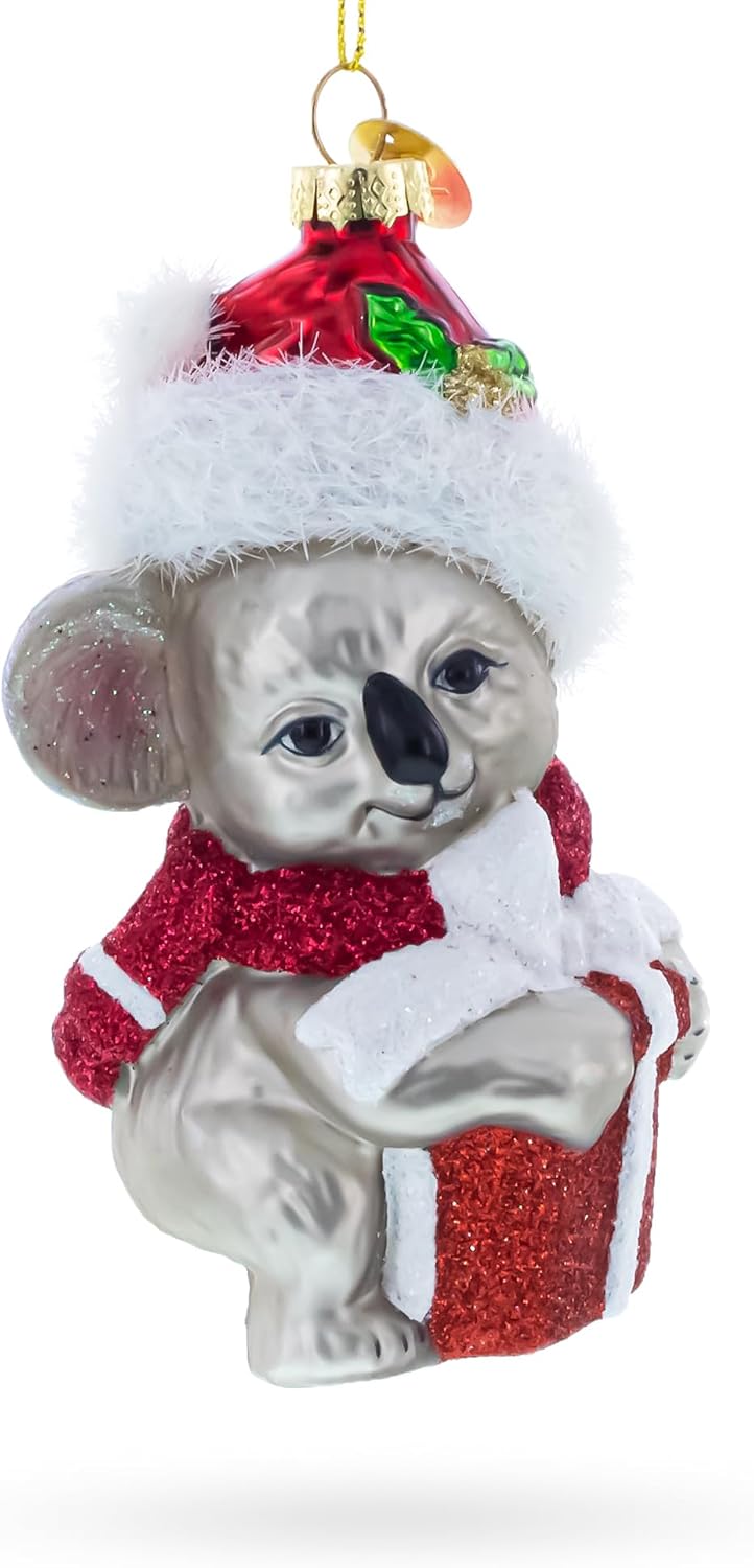 Festive Koala with Present Blown Glass Christmas Ornament - Image 2