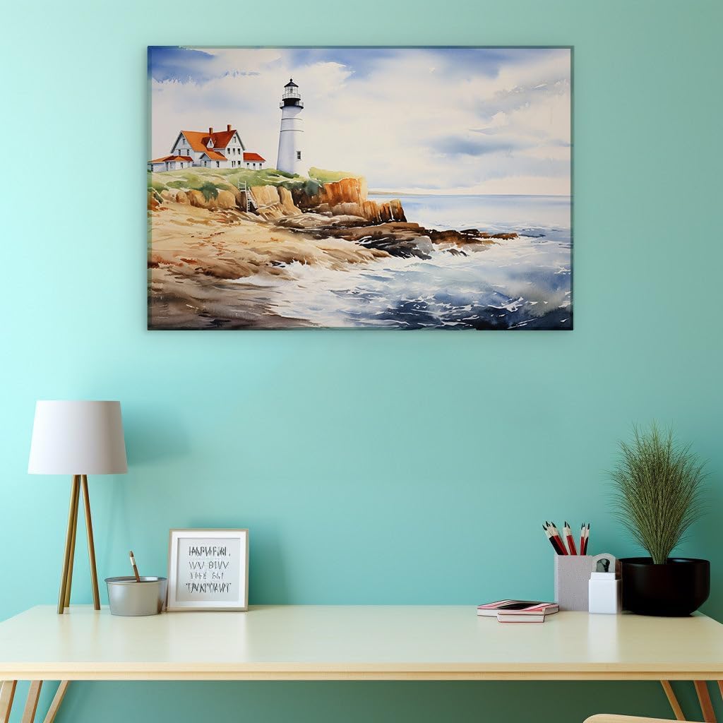 Canvas for Living room. Lighthouse Vigil on the Tan Cliffs: Where Sea's Fury Meets Serene Skies, 27 x 18 inch Canvas Wall Art - Lights - Modern Home Decor