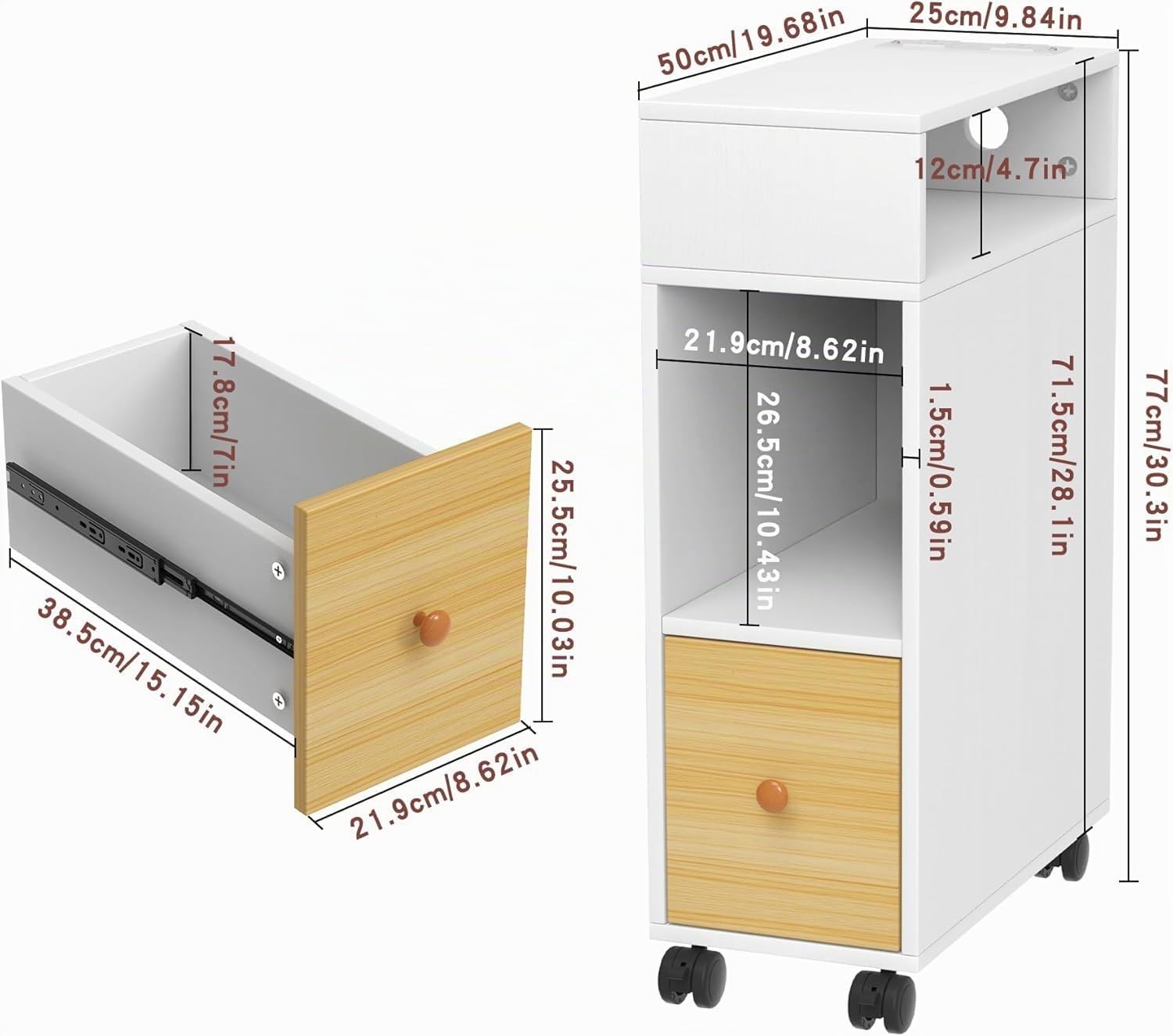 Comodino Stretto Alto con Ruote e 2 Scomparti 25x50x70cm Blanc